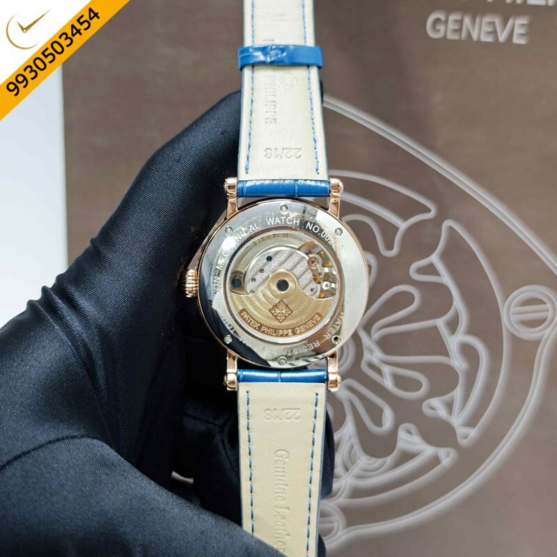 Patek Philippe Geneve Rose Gold Blue Dial Leather strap Swiss Automatic Watch - Image 4