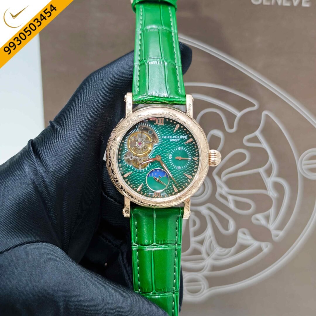 Patek Philippe Geneve Rose Gold Green Dial Leather strap Swiss Automatic Watch