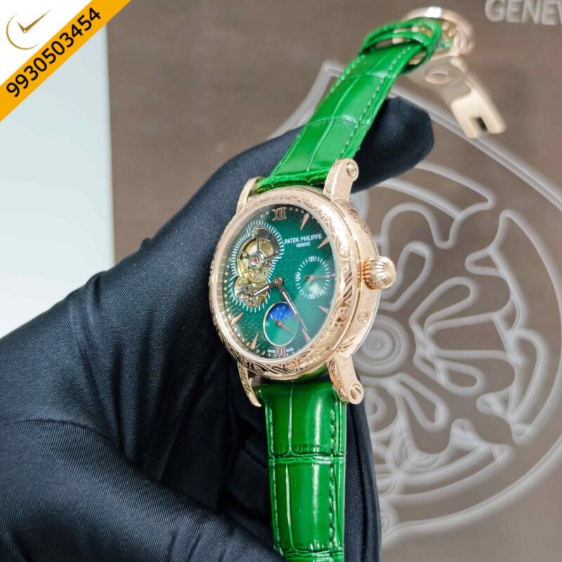 Patek Philippe Geneve Rose Gold Green Dial Leather strap Swiss Automatic Watch - Image 2