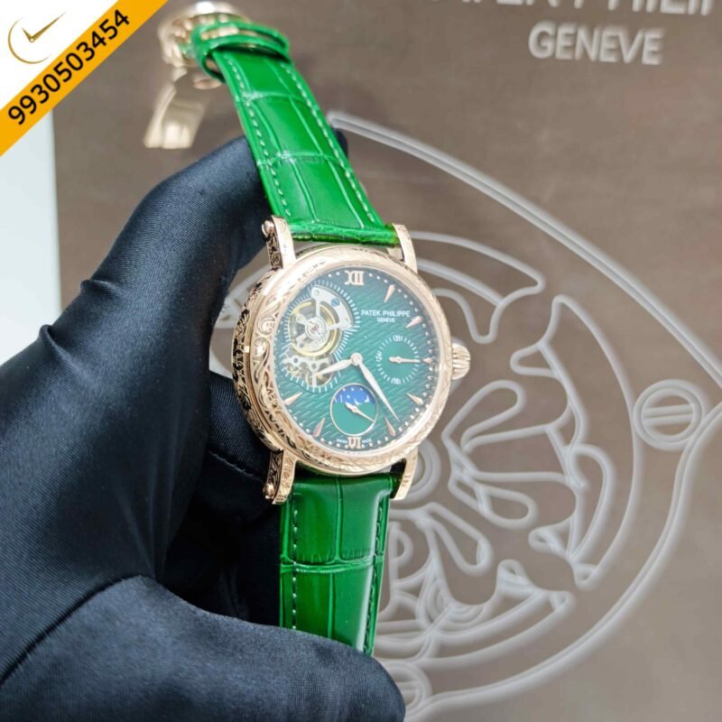Patek Philippe Geneve Rose Gold Green Dial Leather strap Swiss Automatic Watch - Image 3