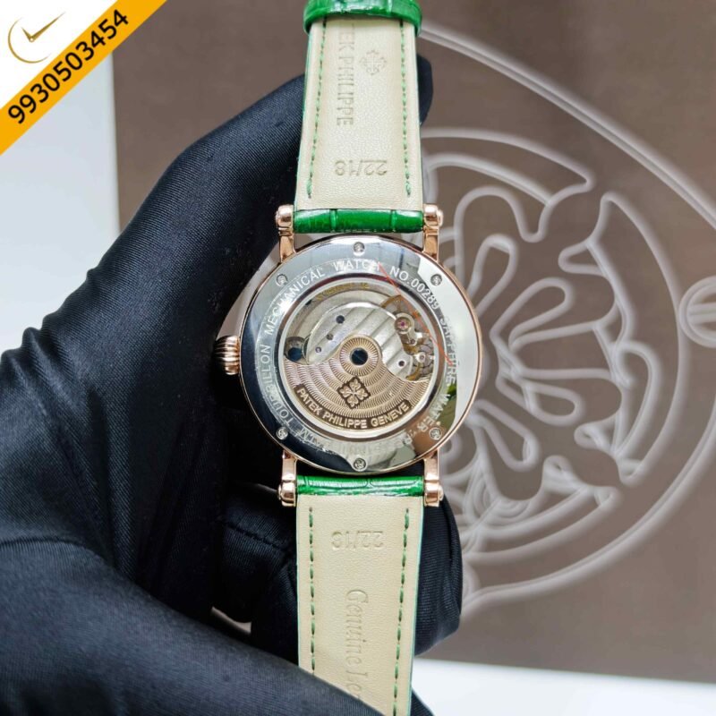 Patek Philippe Geneve Rose Gold Green Dial Leather strap Swiss Automatic Watch - Image 4