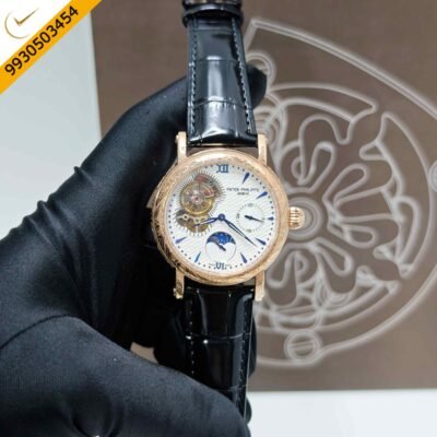 Patek Philippe Geneve Rose Gold White Dial Black Leather strap Swiss Automatic Watch