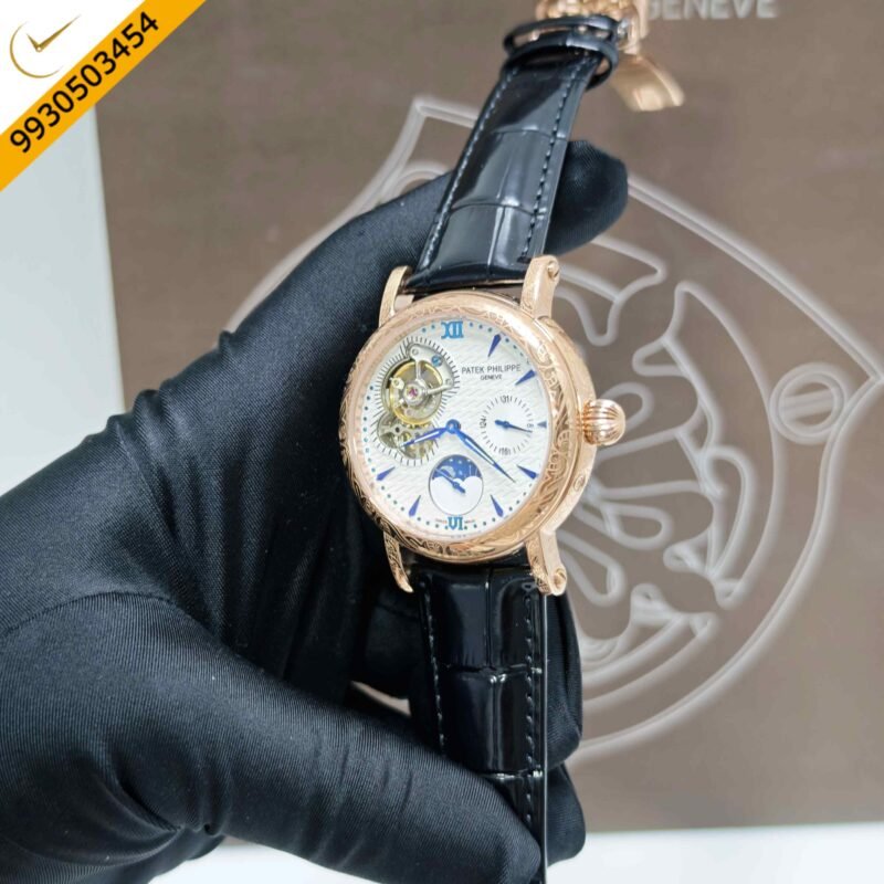 Patek Philippe Geneve Rose Gold White Dial Black Leather strap Swiss Automatic Watch - Image 2