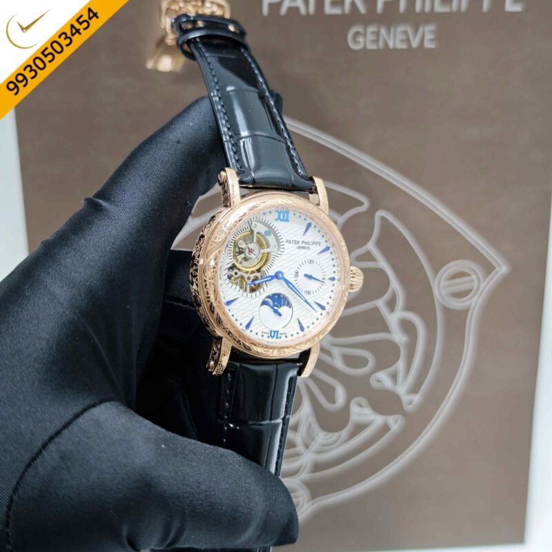 Patek Philippe Geneve Rose Gold White Dial Black Leather strap Swiss Automatic Watch - Image 3