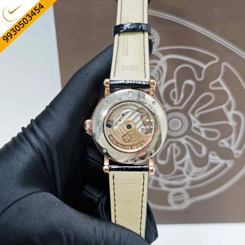 Patek Philippe Geneve Rose Gold White Dial Black Leather strap Swiss Automatic Watch - Image 4