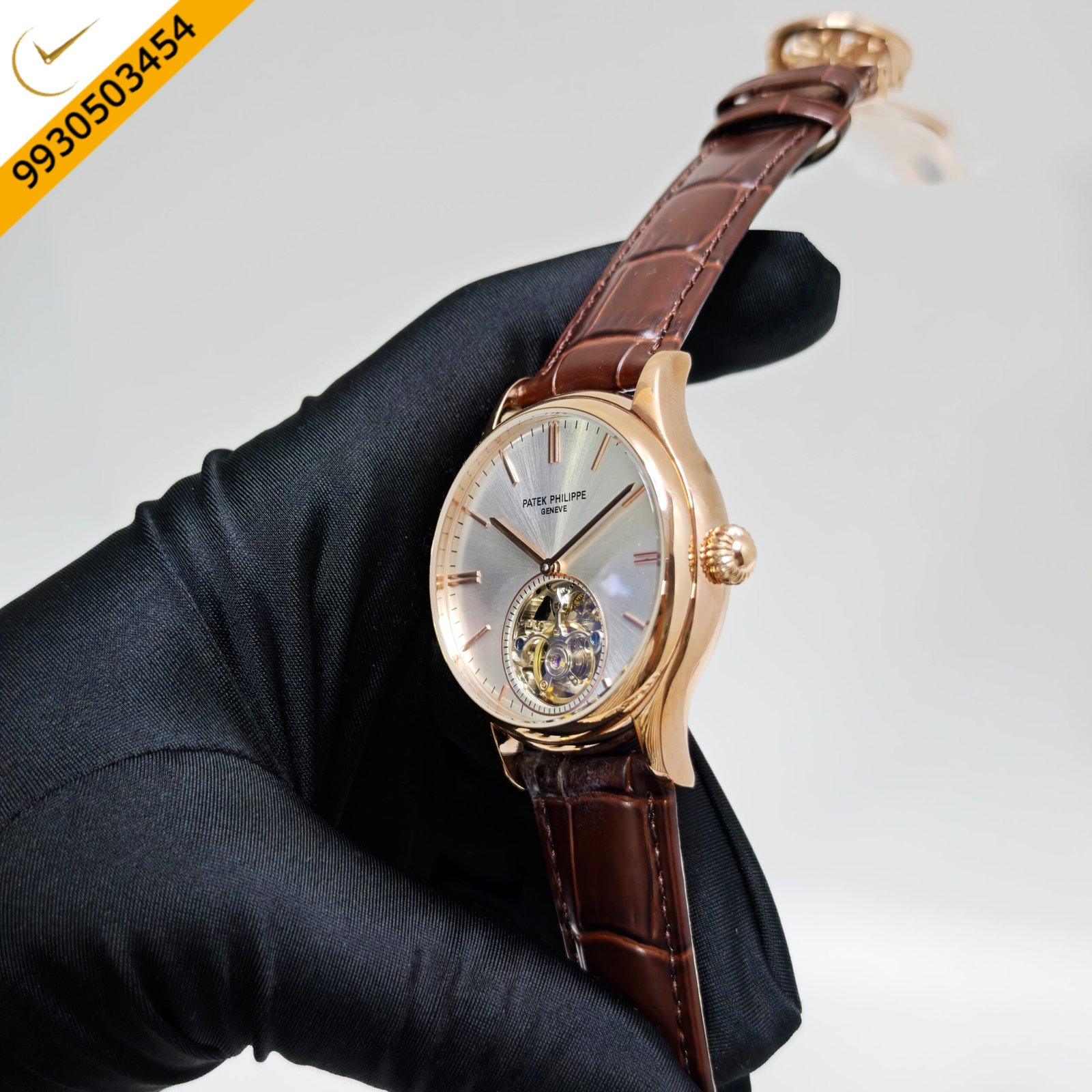 Patek Philippe Geneve Tourbillon Rose Gold Silver Dial Brown Leather Strap Swiss Automatic Watch - Image 2