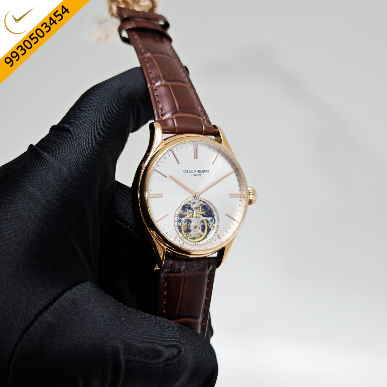 Patek Philippe Geneve Tourbillon Rose Gold Silver Dial Brown Leather Strap Swiss Automatic Watch - Image 3