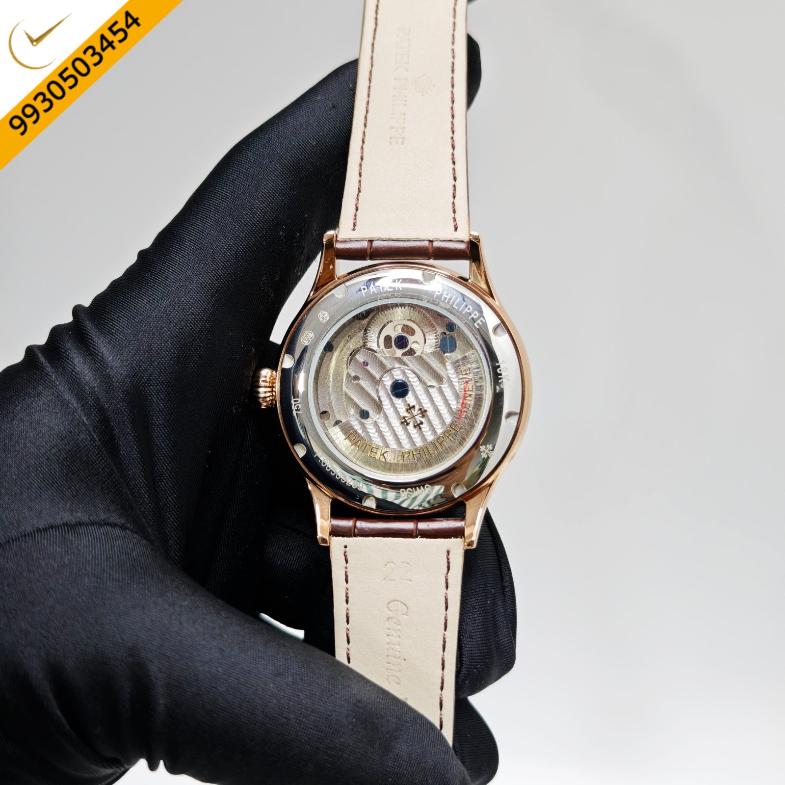Patek Philippe Geneve Tourbillon Rose Gold Silver Dial Brown Leather Strap Swiss Automatic Watch - Image 4