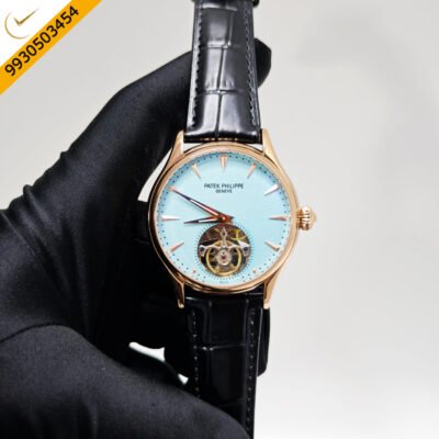 Patek Philippe Geneve Tourbillon Rose Gold Tiffeny Dial Black Leather Strap Swiss Automatic Watch