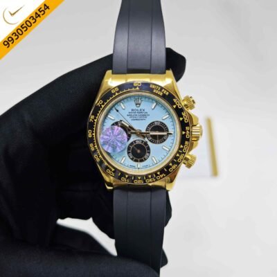 Rolex Oyster Perpetual Cosmograph Daytona Golden Case Blue Dial Black Rubber Strap Swiss Automatic Watch