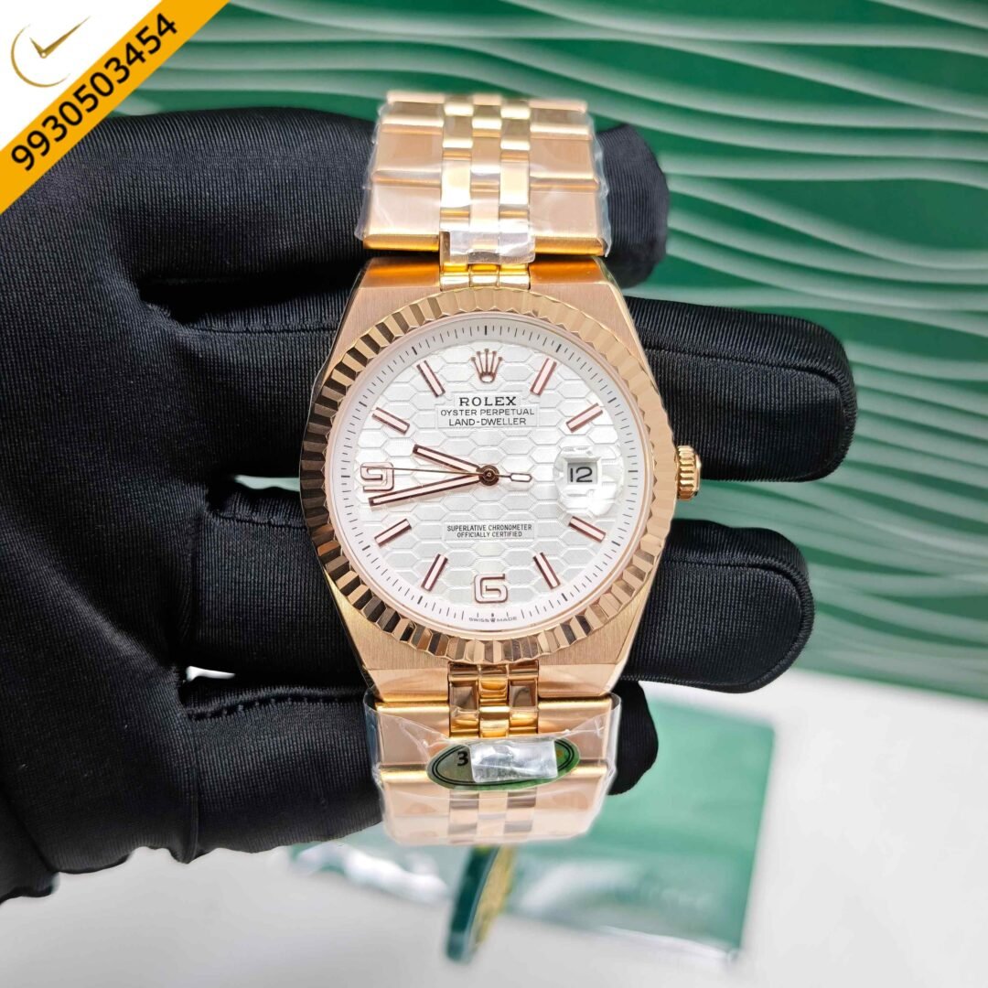Rolex Oyster Perpetual Land-Dweller Full Rose Gold White Dial Swiss Automatic Watch