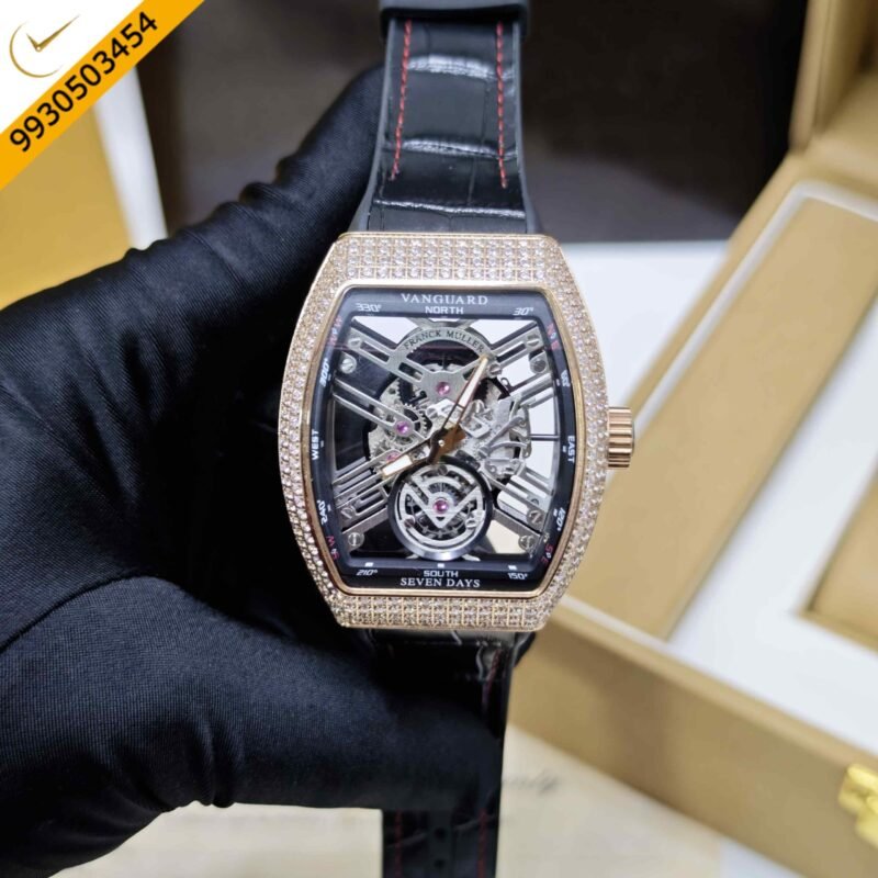 Franck Muller Vanguard Yachting Rose Gold Diamond Bazel Skeleton Dial Leather Strap  Swiss Automatic Watch