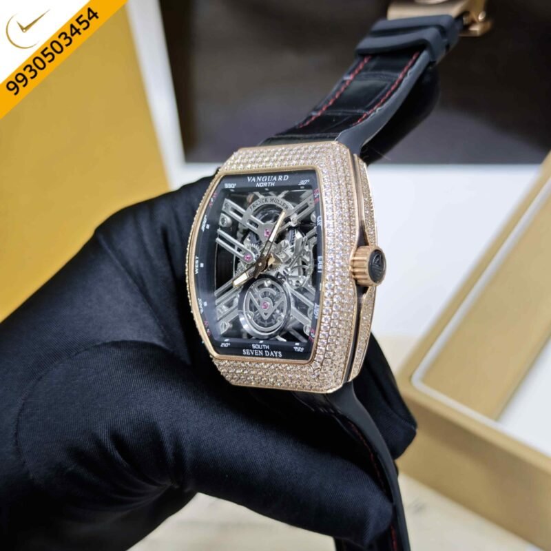 Franck Muller Vanguard Yachting Rose Gold Diamond Bazel Skeleton Dial Leather Strap  Swiss Automatic Watch - Image 2