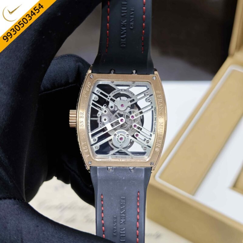 Franck Muller Vanguard Yachting Rose Gold Diamond Bazel Skeleton Dial Leather Strap  Swiss Automatic Watch - Image 4