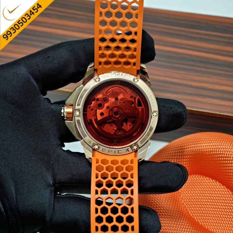 Jacob & Co Epic X Ram Janmabhoomi Titanium Edition Rose Gold Skeleton Dial Orange Rubber Strap Swiss Automatic Watch - Image 4