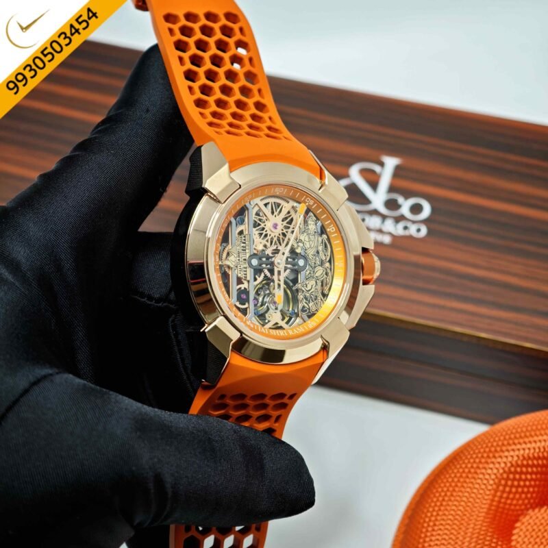 Jacob & Co Epic X Ram Janmabhoomi Titanium Edition Rose Gold Skeleton Dial Orange Rubber Strap Swiss Automatic Watch - Image 3