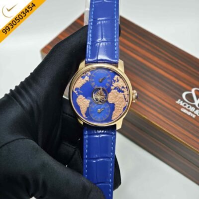 Jacob & Co. The World Is Yours Dual Time Zone Tourbillon Rose Gold Blue Dial Blue Leathher Strap Swiss Automatic Watch