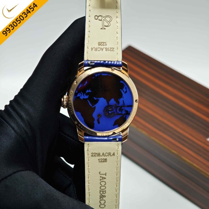 Jacob & Co. The World Is Yours Dual Time Zone Tourbillon Rose Gold Blue Dial Blue Leathher Strap Swiss Automatic Watch - Image 4