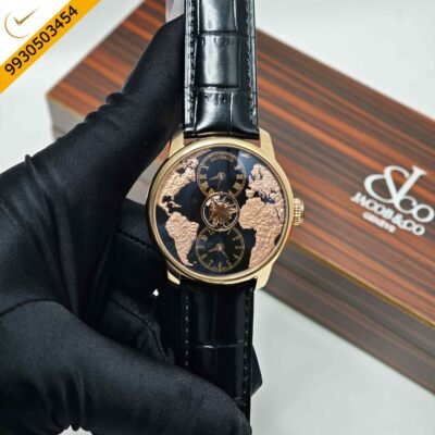 Jacob & Co. The World Is Yours Dual Time Zone Tourbillon Steel Black Dial Black Leathher Strap Swiss Automatic Watch