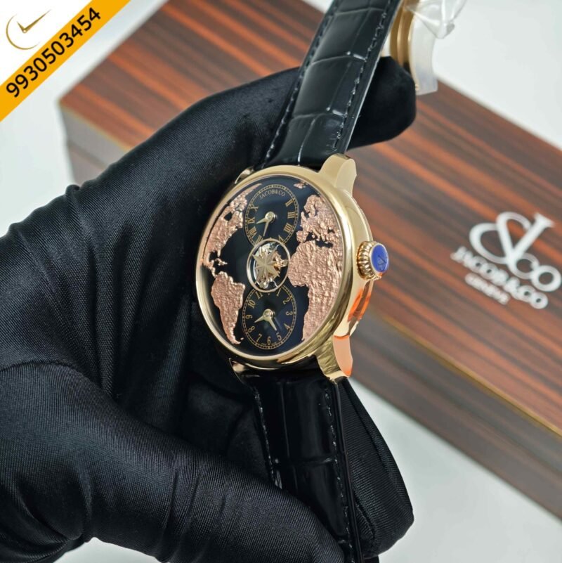 Jacob & Co. The World Is Yours Dual Time Zone Tourbillon Steel Black Dial Black Leathher Strap Swiss Automatic Watch - Image 2