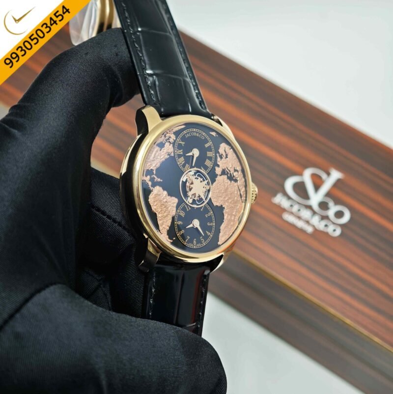 Jacob & Co. The World Is Yours Dual Time Zone Tourbillon Steel Black Dial Black Leathher Strap Swiss Automatic Watch - Image 3