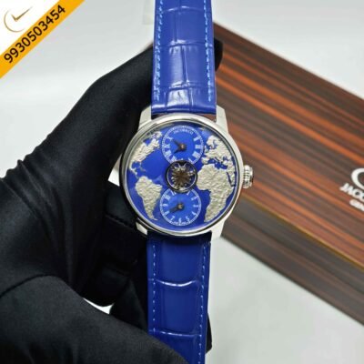 Jacob & Co. The World Is Yours Dual Time Zone Tourbillon Steel Blue Dial Blue Leathher Strap Swiss Automatic Watch