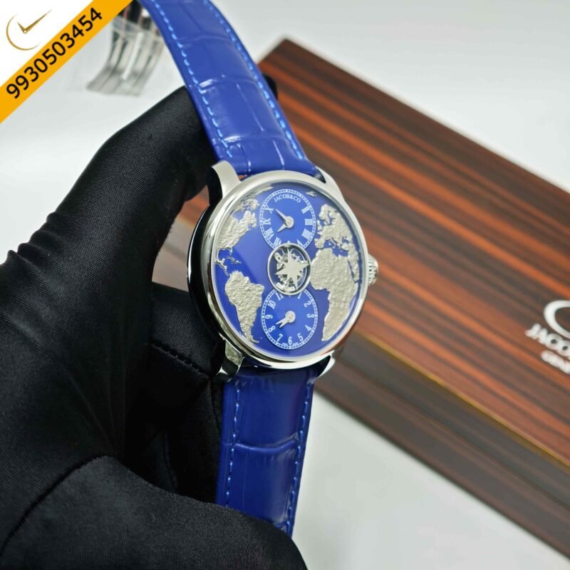 Jacob & Co. The World Is Yours Dual Time Zone Tourbillon Steel Blue Dial Blue Leathher Strap Swiss Automatic Watch - Image 3