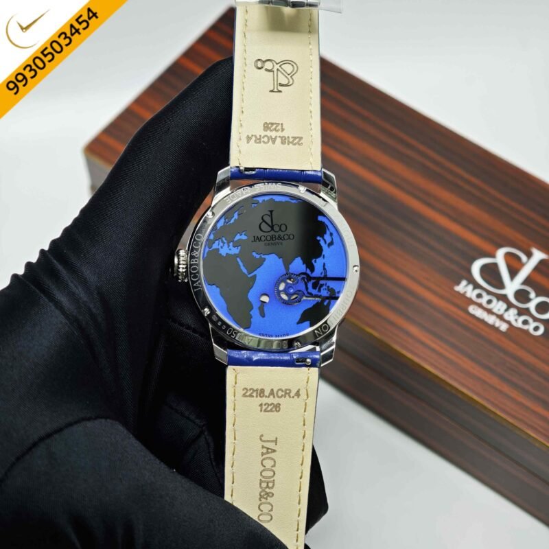 Jacob & Co. The World Is Yours Dual Time Zone Tourbillon Steel Blue Dial Blue Leathher Strap Swiss Automatic Watch - Image 4