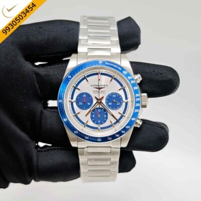 Longines Conquest Blue Chronograph Steel White Dial Blue Bazel Swiss Quartz Watch