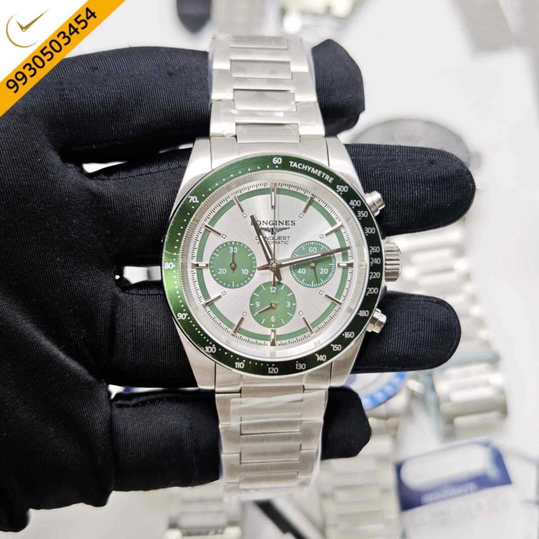 Longines Conquest Green Chronograph Steel White Dial Green Bazel Swiss Automatc Watch