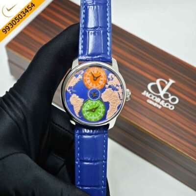 Salman Khan x Jacob & Co. The World Is Yours Dual Time Zone Steel Blue Dial Blue Leather Strap Swiss Automatic Watch