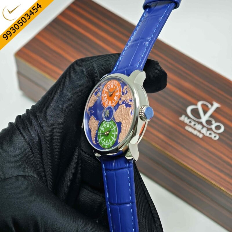 Salman Khan x Jacob & Co. The World Is Yours Dual Time Zone Steel Blue Dial Blue Leather Strap Swiss Automatic Watch - Image 2