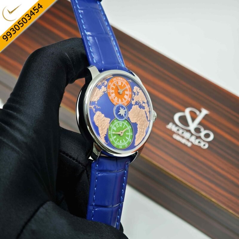 Salman Khan x Jacob & Co. The World Is Yours Dual Time Zone Steel Blue Dial Blue Leather Strap Swiss Automatic Watch - Image 3