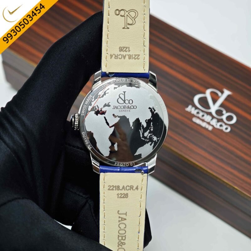 Salman Khan x Jacob & Co. The World Is Yours Dual Time Zone Steel Blue Dial Blue Leather Strap Swiss Automatic Watch - Image 4