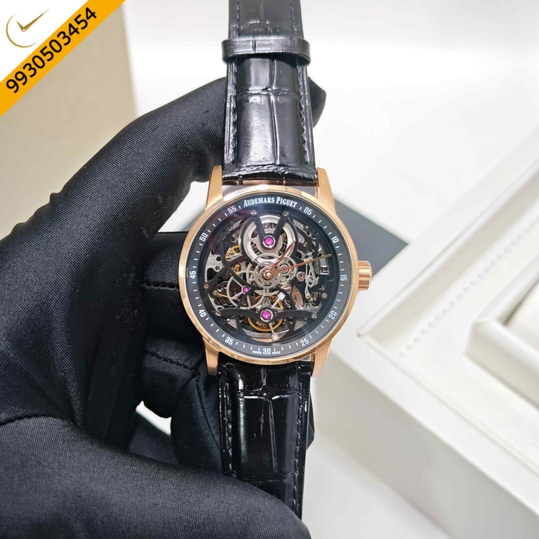 Audemars Piguet Code 11.59 Tourbillon Openheart Rose Gold Skeleton Black Dial Leather Strap Swiss Semi ETA Automatic Watch