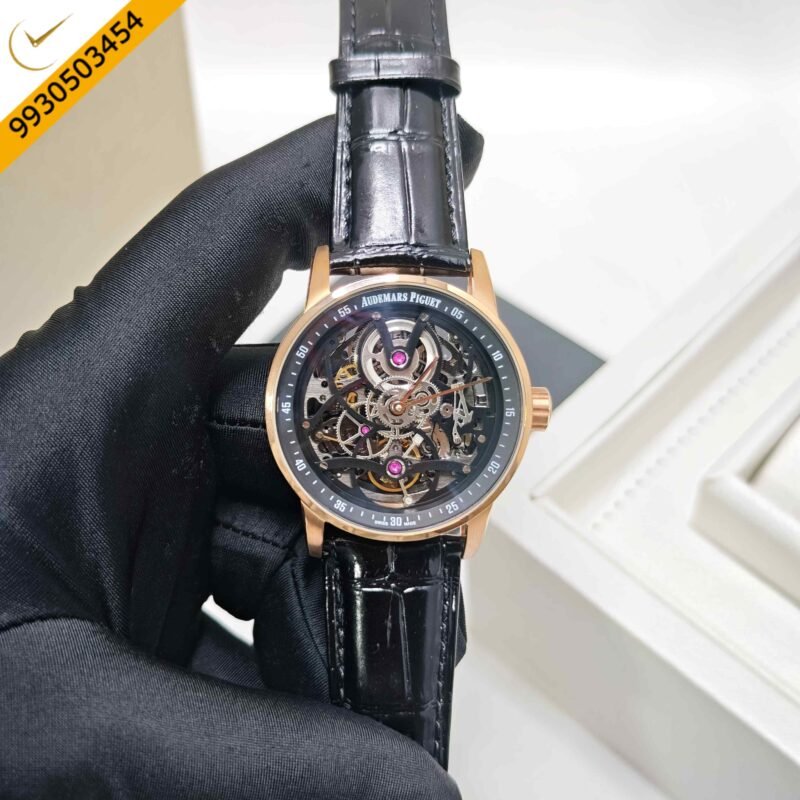 Audemars Piguet Code 11.59 Tourbillon Openheart Rose Gold Skeleton Black Dial Leather Strap Swiss Semi ETA Automatic Watch