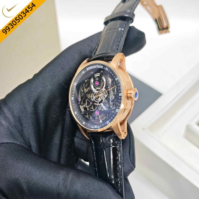 Audemars Piguet Code 11.59 Tourbillon Openheart Rose Gold Skeleton Black Dial Leather Strap Swiss Semi ETA Automatic Watch - Image 2