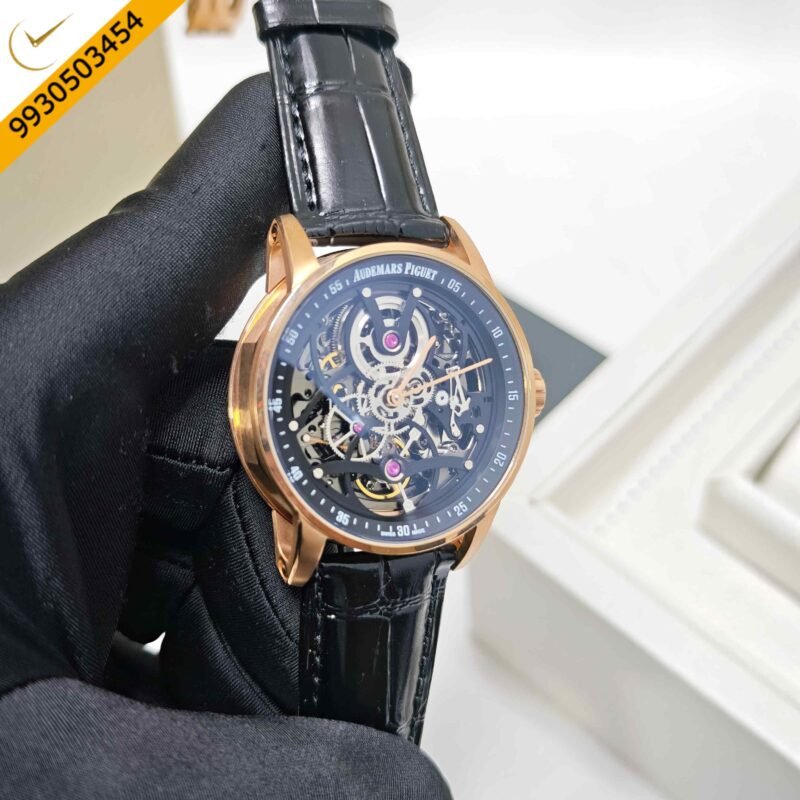Audemars Piguet Code 11.59 Tourbillon Openheart Rose Gold Skeleton Black Dial Leather Strap Swiss Semi ETA Automatic Watch - Image 3