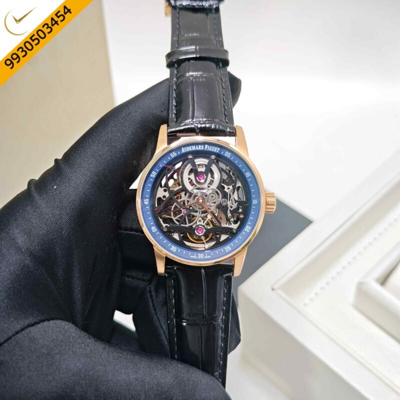 Audemars Piguet Code 11.59 Tourbillon Openheart Rose Gold Skeleton Blue Dial Leather Strap Swiss Semi ETA Automatic Watch