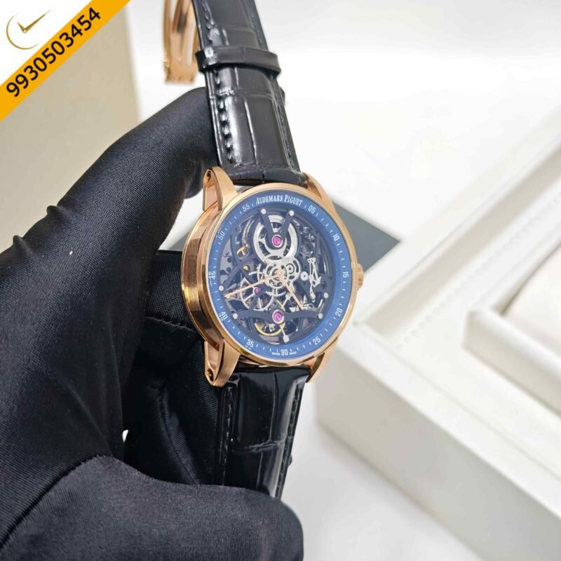 Audemars Piguet Code 11.59 Tourbillon Openheart Rose Gold Skeleton Blue Dial Leather Strap Swiss Semi ETA Automatic Watch - Image 3