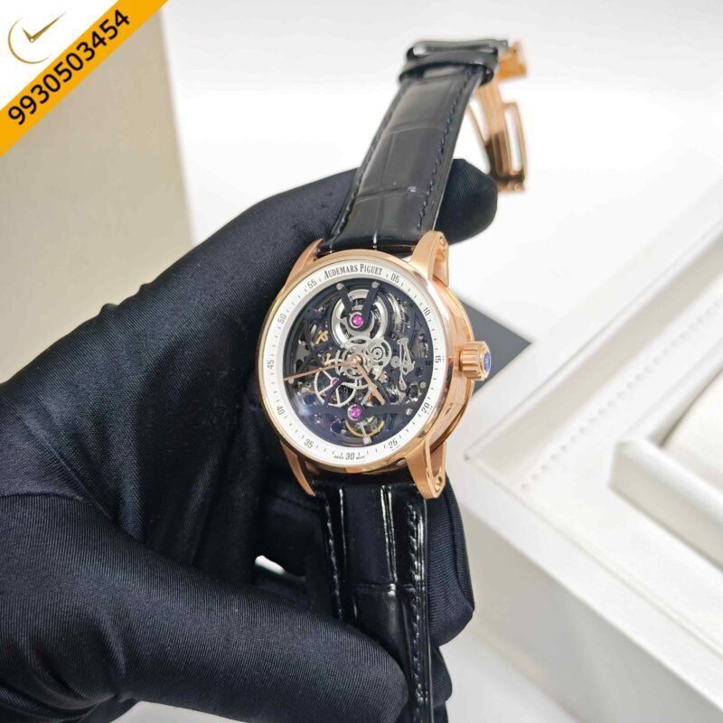 Audemars Piguet Code 11.59 Tourbillon Openheart Rose Gold Skeleton White Dial Leather Strap Swiss Semi ETA Automatic Watch - Image 2