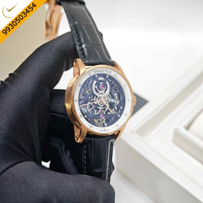 Audemars Piguet Code 11.59 Tourbillon Openheart Rose Gold Skeleton White Dial Leather Strap Swiss Semi ETA Automatic Watch - Image 3