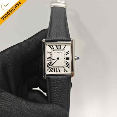 Cartier Tank Steel White Dial Black Leather Straps Swiss Quartz Watch