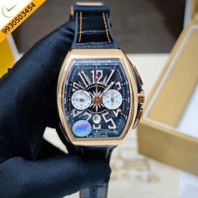 Franck Muller VANGAURD 45 Chronograph Rose Gold Black Dial Leather Strap Swiss ETA Automatic Watch