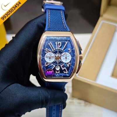 Franck Muller VANGAURD 45 Chronograph Rose Gold Blue Dial Blue Rubber Strap Swiss ETA Automatic Watch