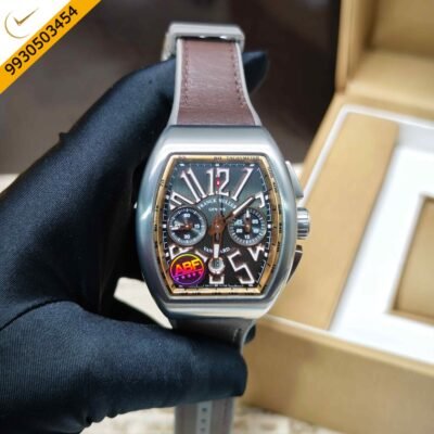 Franck Muller VANGAURD 45 Chronograph Steel Black Dial Brown Rubber Strap Swiss ETA Automatic Watch