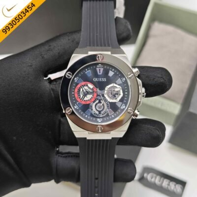 Guess Multi-Function Chronograph Steel Black Dial Black Silicone Strap Swiss Watch