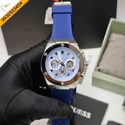 Guess Multi-Function Chronograph Steel Blue Dial Blue Silicone Strap Swiss Watch