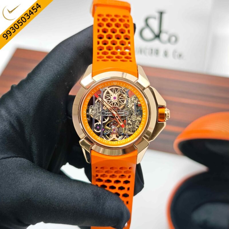 Jacob & Co Epic X Ram Janmabhoomi Titanium Edition 02 Rose Gold Skeleton Dial Orange Rubber Strap Swiss Automatic Watch