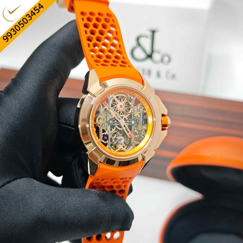 Jacob & Co Epic X Ram Janmabhoomi Titanium Edition 02 Rose Gold Skeleton Dial Orange Rubber Strap Swiss Automatic Watch - Image 3